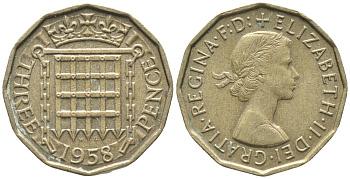 Великобритания 3 пенса 1958 Елизавета II (1952-2022) KM 900, Spink 4153 никель латунь 34-234