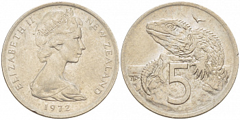 Новая Зеландия 5 центов 1972 Елизавета II (1952-2022), ящерица гаттерия KM 34.1 медно-никель 214-849