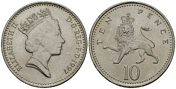 Великобритания 10 пенсов 1997 Елизавета II (1952-2022) KM 938b, Spink 4367 (F4) медно-никель 4545-1021