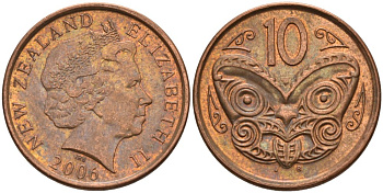 Новая Зеландия 10 центов 2006 маска Маори, Елизавета II (1952-) KM 117а сталь плакированная медью 119-956