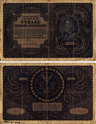 ПОЛЬША 1000 МАРОК 1919 23 АВГУСТА 1919, ТРЕТИЙ ВЫПУСК, ПОРТРЕТ КОСТЮШКО Pick 29 бумага VG 8607-13-1