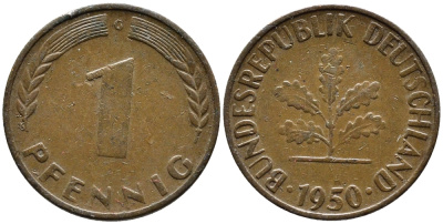 ФРГ 1 ПФЕННИГ 1950 G KM 105, J.380 сталь плакированная медью 4392-438