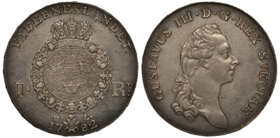 Швеция 1 риксдалер 1782 Густав III (1771-1792) KM 527, Ahlstrom 48, Dav. 1736 серебро 00-804-57