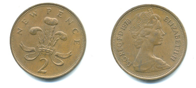 Великобритания 2 пенса 1978 Елизавета II (1952-2022) KM 916, Spink 4235 (C1) бронза 4383-915