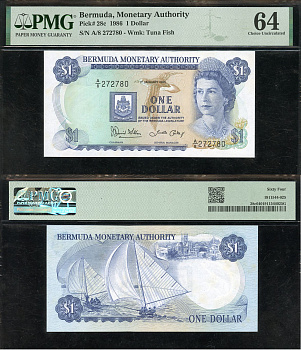 Бермудские острова 1 доллар 1986 Елизавета II (1952-2022), парусные лодки, Гамильтон, в слабе PCGS 64 Choice Uncirculated Pick 28 c  бумага  UNC (пресс) 452-1-130