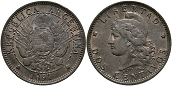 Аргентина 2 сентаво 1891 голова свободы влево KM 8 бронза 4531-1026