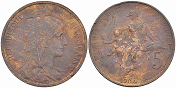 ФРАНЦИЯ 5 САНТИМОВ 1904 ТИП ДАНИЭЛЬ ДЮПЮИ KM 842, LE FRANC 119.14 бронза 108-846