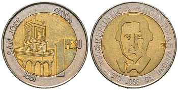 Аргентина 1 песо 2001 200 лет со дня рождения Хусто Хосе де Уркиза KM 132 биметалл UNC 4619-1033