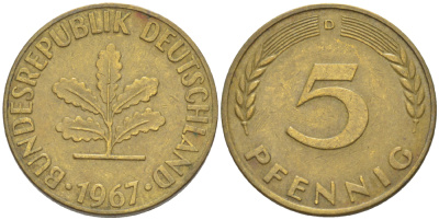 ФРГ 5 ПФЕННИГОВ 1967 D KM 107, J. 382 сталь плакированная латунью 4181-917
