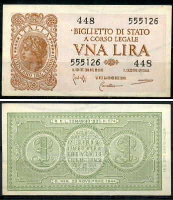 Италия 1 лира 1944 подписи Bolaffi, Cavallaro, Giovinco Pick 29 b, Grapanzano BS 8  бумага  aUNC 8614-8-4-1