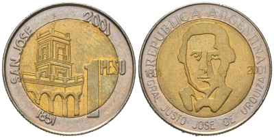 Аргентина 1 песо 2001 200 лет со дня рождения Хусто Хосе де Уркиза KM 132 биметалл UNC 4619-1033