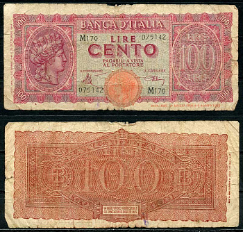 Италия 100 лир 1944 Pick 75 a бумага 8614-7-2-2