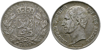 Бельгия 5 франков 1850 Леопольд I (1831-1865), точка над датой KM 17 серебро    00-1067-9-42