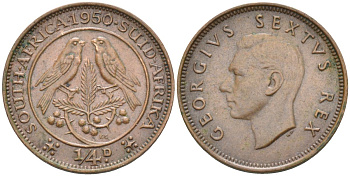 ЮАР 1/4 пенни 1950 Георг VI (1937-1952) KM 32.1 бронза 4589-1252