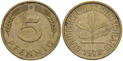 ФРГ 5 пфеннигов 1978 D KM 107, J.382 сталь плакированная латунью 4115-961