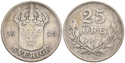 Швеция 25 эре 1928 G, Густав V (1907-1950) KM 785 серебро 4380-167