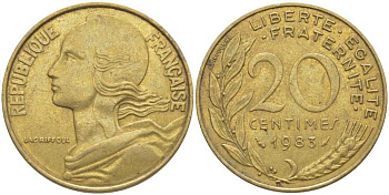 ФРАНЦИЯ 20 САНТИМОВ 1983 ТИП MARIANNE KM 930, LE FRANC 156.23 медь алюминий никель 175-851