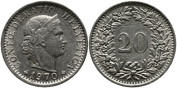 Швейцария 20 раппенов 1970 KM 29a медно-никель 33-257
