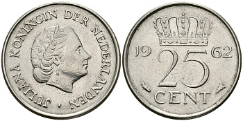 НИДЕРЛАНДЫ 25 ЦЕНТОВ 1962 ЮЛИАНА KM 183 никель 96-149