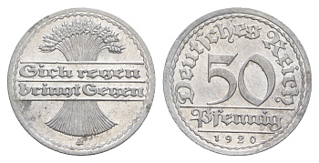 Германия 50 пфеннигов 1920 A KM 27, J. 301 алюминий aUNC 4646-1133