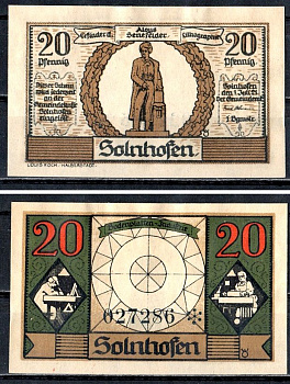 Зольнхофен (Бавария) 20 пфеннигов 1921 Mehl Grabowski 1236.1a-2/4 бумага UNC (пресс) 7556-68-2-3