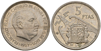 Испания 5 песет 1957 (73) Франсиско Франко (1939-1975) KM 786 медно-никель 186-731