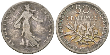 Франция 50 сантимов 1904 KM 854 серебро 4611-1129