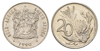 ЮАР 20 центов 1990 герб, цветок протея KM 86 никель aUNC 4626-814