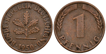 ФРГ 1 пфенниг 1950 G KM 105, J.380 сталь плакированная медью 4602-754