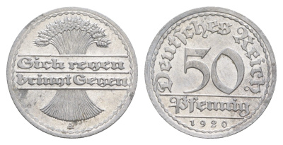 Германия 50 пфеннигов 1920 A KM 27, J. 301 алюминий aUNC 4646-1133