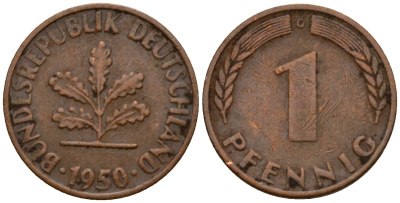 ФРГ 1 пфенниг 1950 G KM 105, J.380 сталь плакированная медью 4602-754