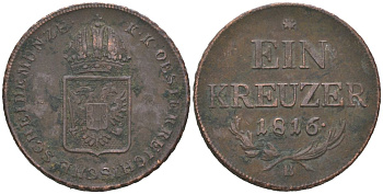Австрия 1 крейцер 1816 A, Франц II (1792-1835) KM 2113 медь 202-557