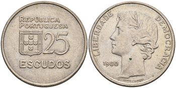 Португалия 25 эскудо 1980 первый год KM 607а медно-никель 4572-1115