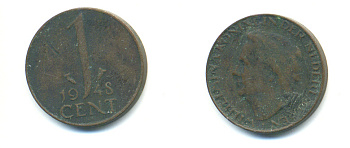 Нидерланды 1 цент 1948 Вильгельмина (1890-1948), год тип KM 175 бронза 83-915