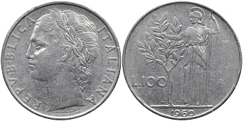 Италия 100 лир 1960 R, Афина в доспехах KM 96.1 нержавеющая сталь 4165-145