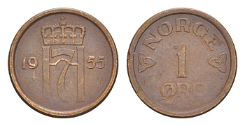 Норвегия 1 эре 1955 Хокон VII (1905-1957) KM 398 бронза 4632-1066