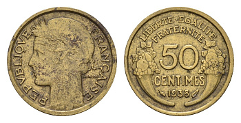 Франция 50 сантимов 1938 KM 894 алюминиевая бронза 4630-251