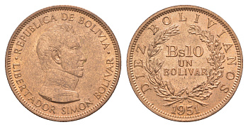 Боливия 10 боливиано 1951 год-тип KM 186 бронза UNC 4654-835