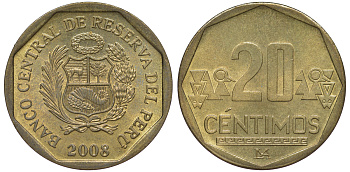 Перу 20 сентимо 2008 KM 306.4 латунь aUNC 4605-445