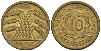 ГЕРМАНИЯ 10 РЕНТЕНПФЕННИГОВ 1923 G, KM 33, J. 309 алюминиевая бронза UNC 413-3923