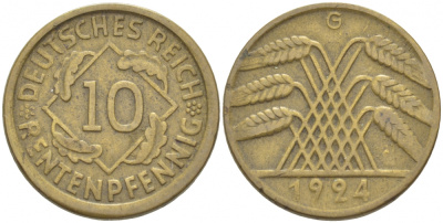 ГЕРМАНИЯ 10 РЕНТЕНПФЕННИГОВ 1924 G KM 33, J. 309, Weege 8 алюминиевая бронза 4539-1017