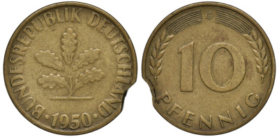 ФРГ 10 пфеннигов 1950 G, БРАК КРУЖКА KM 108 сталь плакированная латунью 92-817