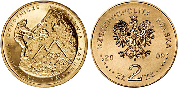 Польша 2 злотых 2009 MW, 100 лет со дня основания Тартовской горноспасательной службы (TOPR) KM 697 нордик UNC 4676-537