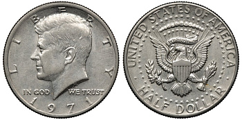 США 1/2 доллара (50 центов) 1971 Джон Кеннеди KM 202b медь плакированная медно-никелем 88-1213