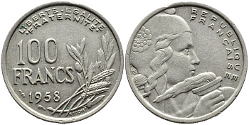 ФРАНЦИЯ 100 ФРАНКОВ 1958 КРЫЛО KM 919.1 медно-никель 4393-1225