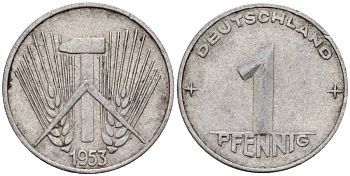 ГДР 1 пфенниг 1953 A KM 5 алюминий 201-612