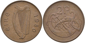 Ирландия 2 пенса 1980 виньетка в виде стилизованной птицы из второй библии Карла II Лысого KM 21 бронза 4144-1012