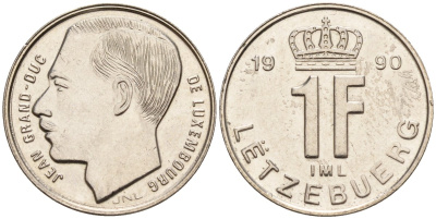 Люксембург 1 франк 1990 Герцог Жан (1964-1999) KM 63 сталь плакированная никелем 4596-846