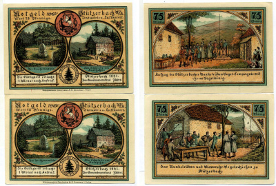 Штютцербах лот из 2 банкнот по 75 пфеннигов 1921 нотгельд (VOGELSCHIESSEN, VOGELKONIG), земля Тюрингия Grabowski 1287.1 бумага 2195-16-3-2