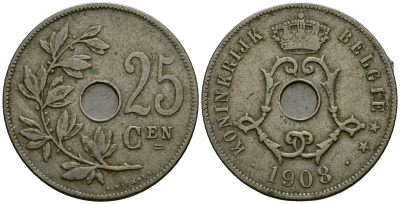 Бельгия 25 сантимов 1908 Belgie KM 63 медно-никель 4165-631
